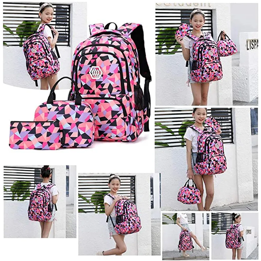 3 Pcs Geometric Print For Girls Boys School Backpacks