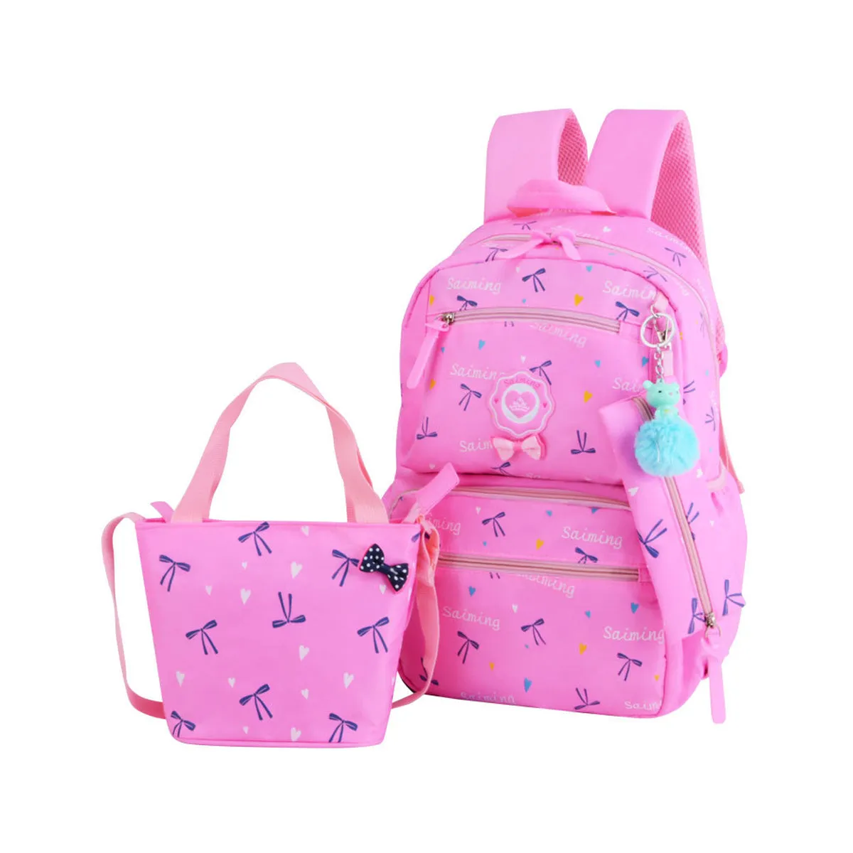3Pcs Heart Printing Backpack Sets With Bowknot