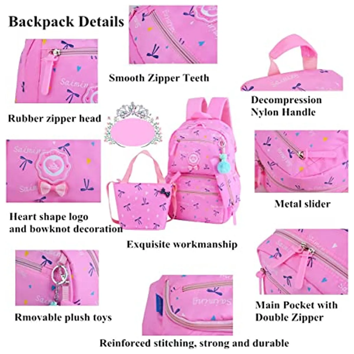 3Pcs Heart Printing Backpack Sets With Bowknot