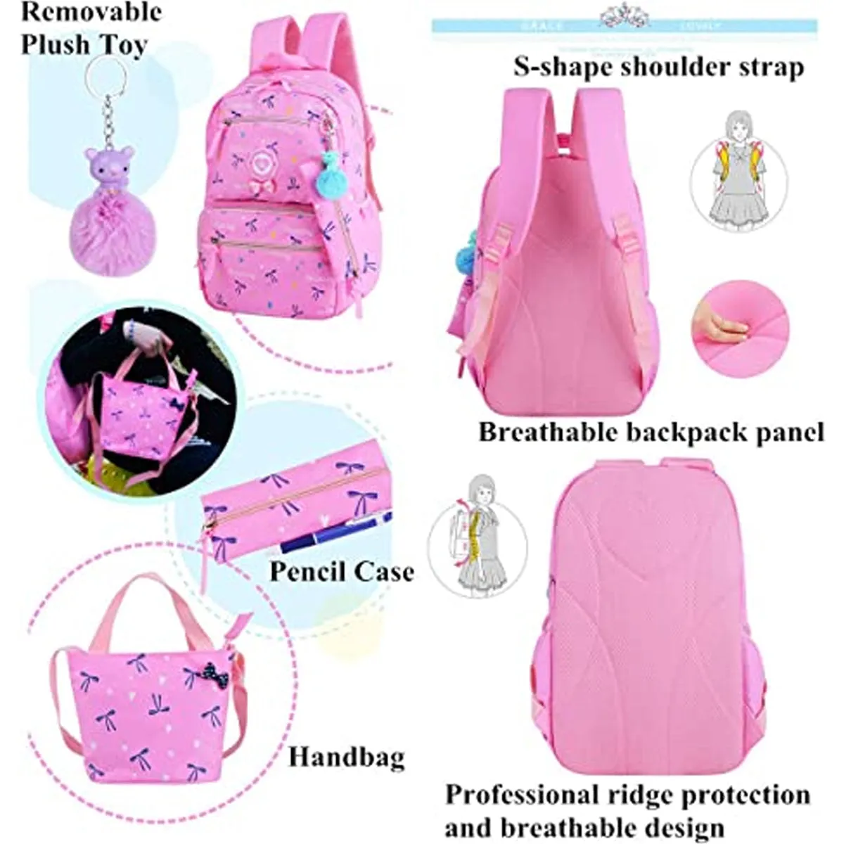 3Pcs Heart Printing Backpack Sets With Bowknot
