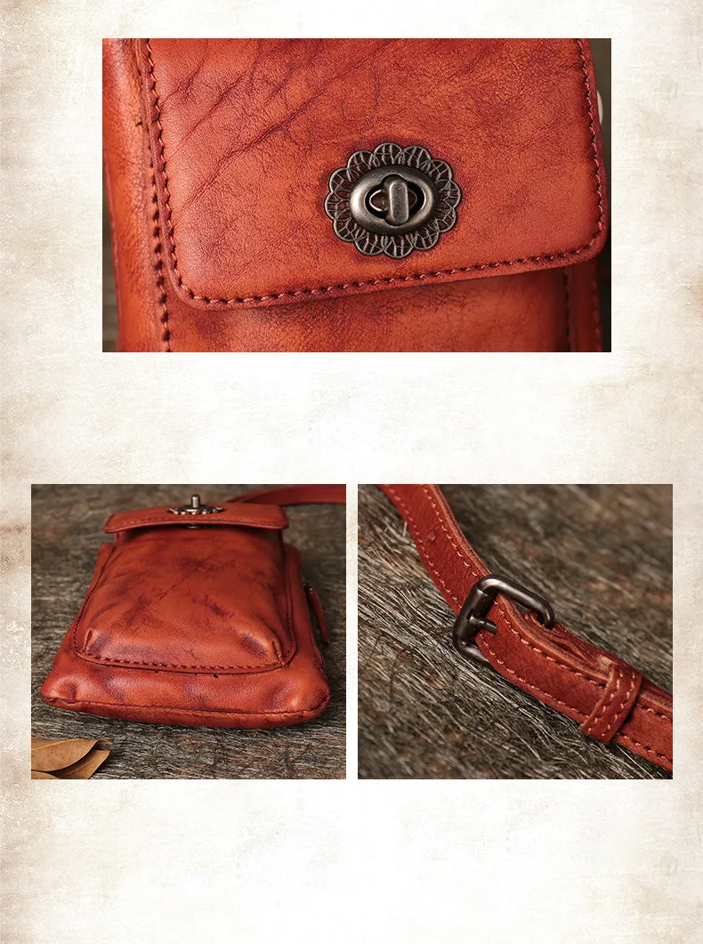 Brown Leather Womens Phone Shoulder Bag Small Vertical Side Bag Handmade Crossbody Purse for Ladies