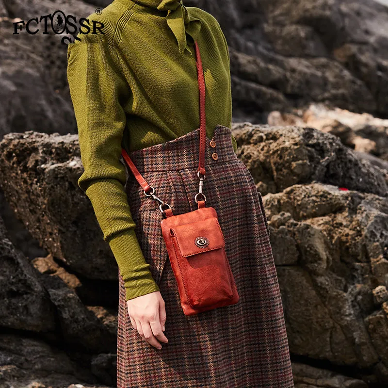 Brown Leather Womens Phone Shoulder Bag Small Vertical Side Bag Handmade Crossbody Purse for Ladies