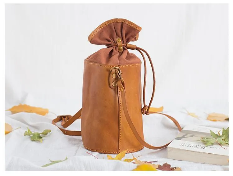 Brown Womens Leather Shoulder Bag Bucket Bag Small Green Crossbody Barrel Bag Bucket Purse for ladies