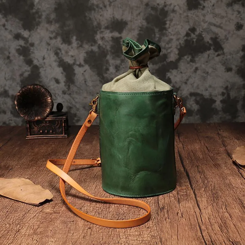 Brown Womens Leather Shoulder Bag Bucket Bag Small Green Crossbody Barrel Bag Bucket Purse for ladies