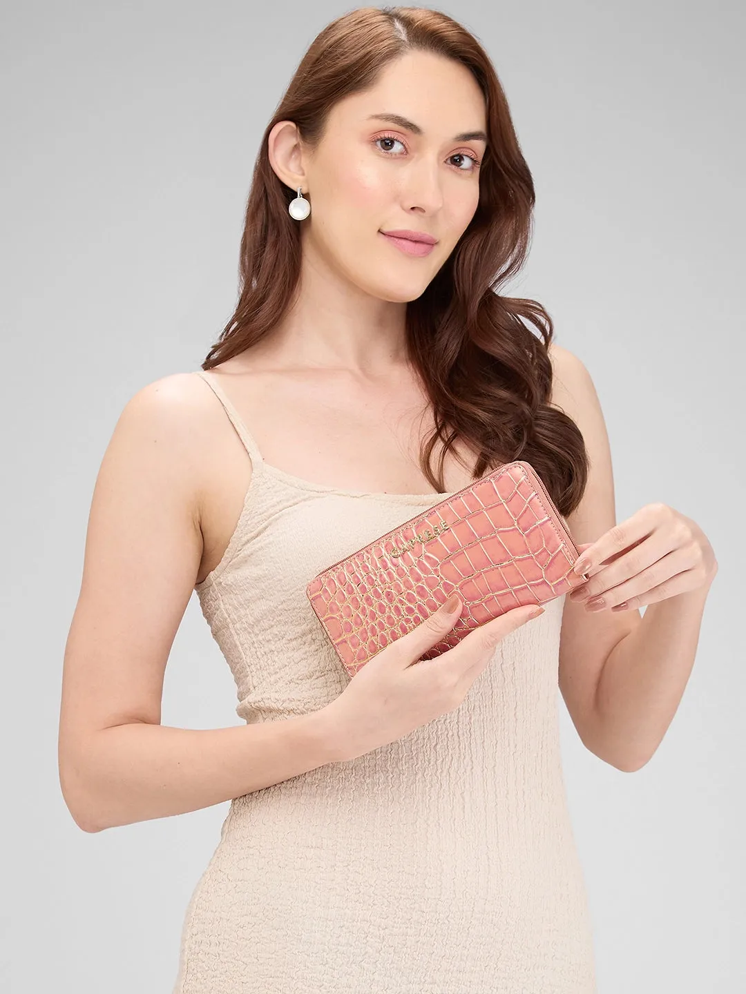Caprese Miranda Large Pink Croco Zip Around Wallet