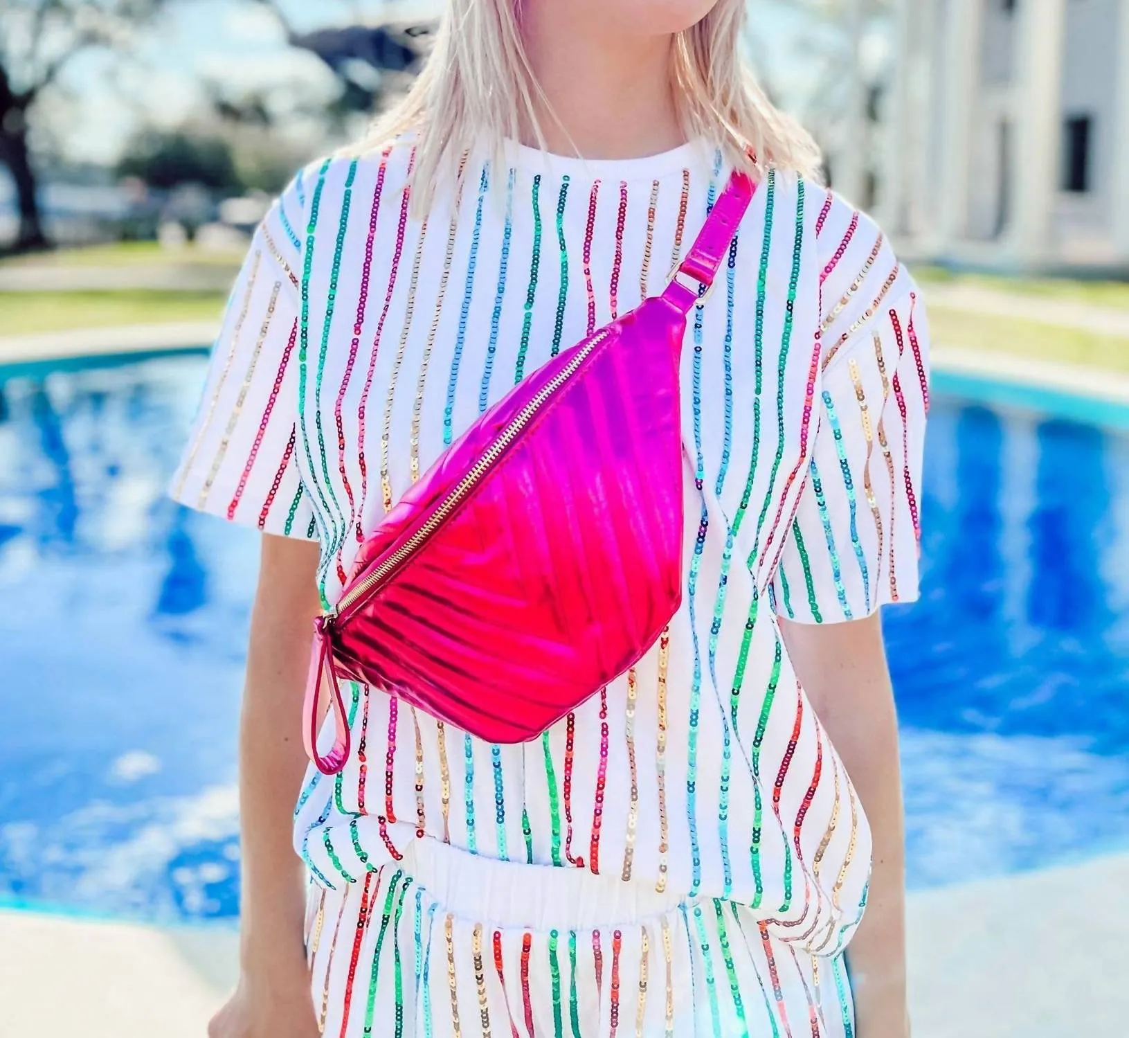 Charlotte Quilted Sling Belt Bag Fanny Pack In Fuchsia