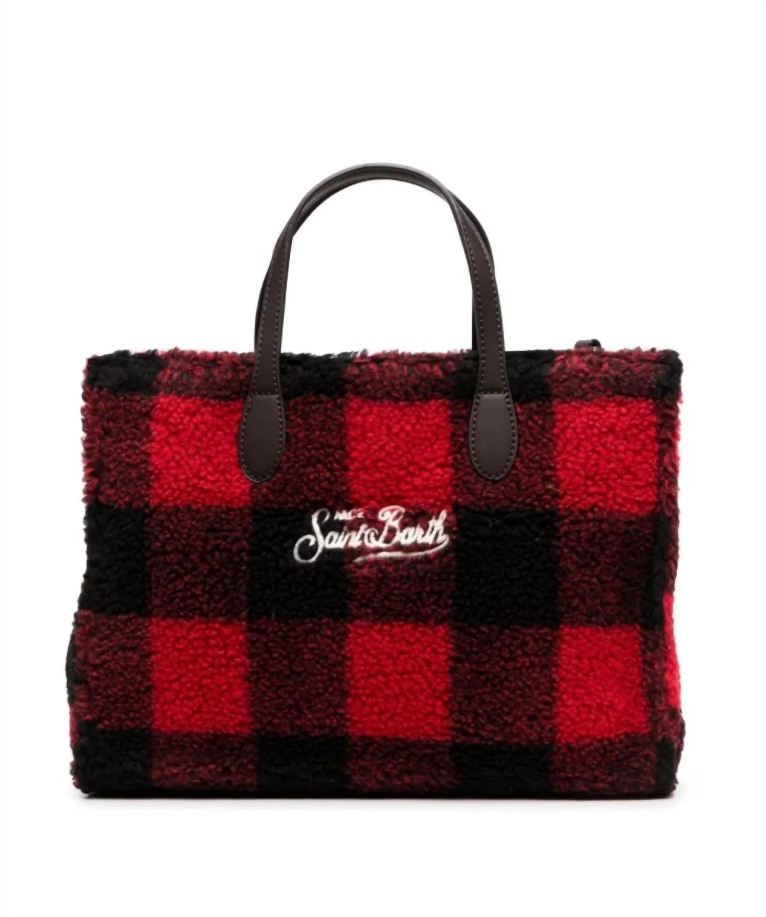 Check Wool Leather Tote Handbag In Red Black