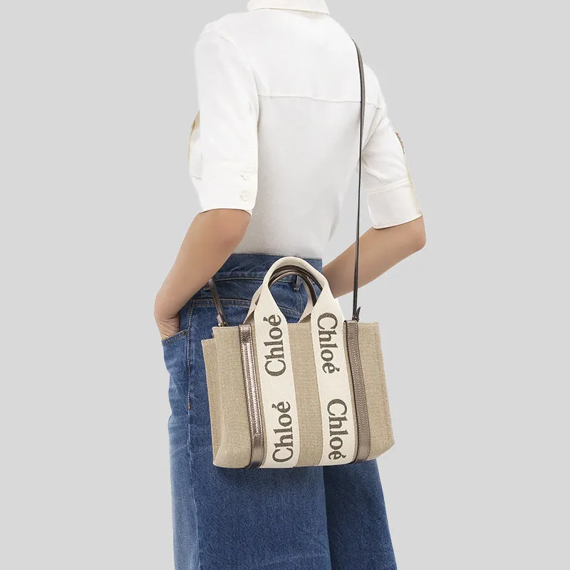 CHLOE Small Woody Tote Bag In Linen And Leather Shiny Gray CHC25SS397O81074