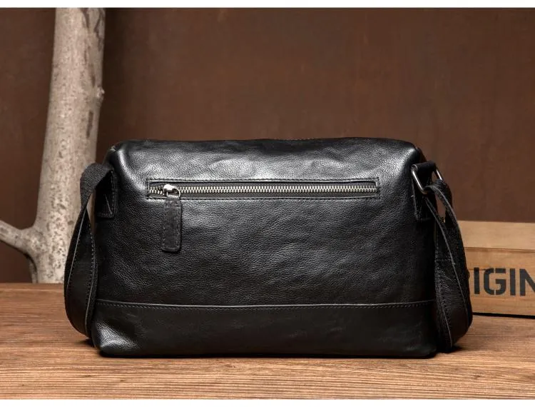 Cool Black Leather 10 inches Mens Messenger Bags Small Courier Bags Postman Bag for Men