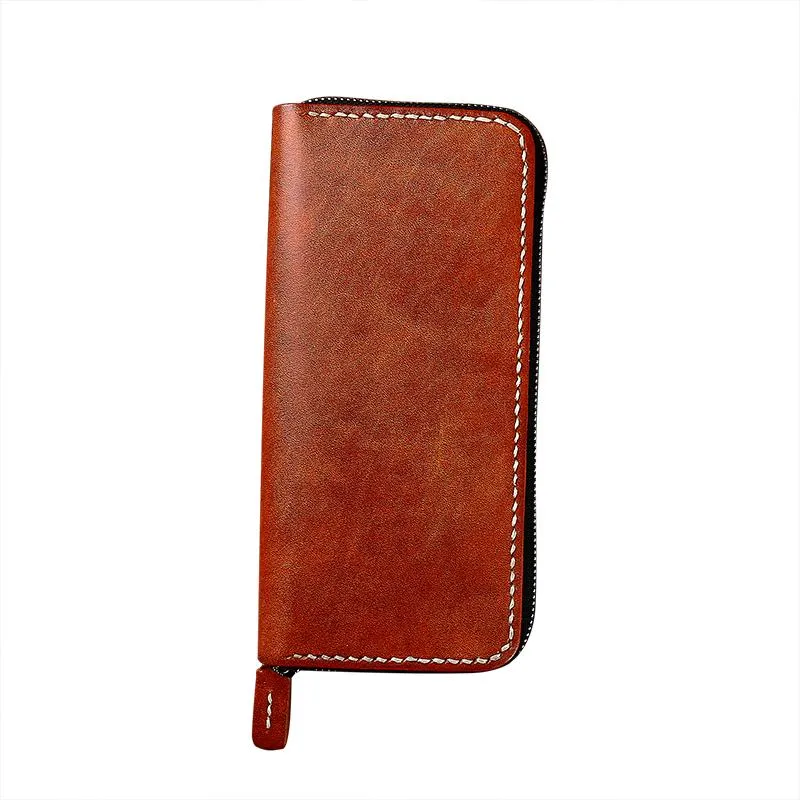 Cool Leather Mens Black Long Wallet Brown Handmade Zipper Wallet Long Wallet For Men