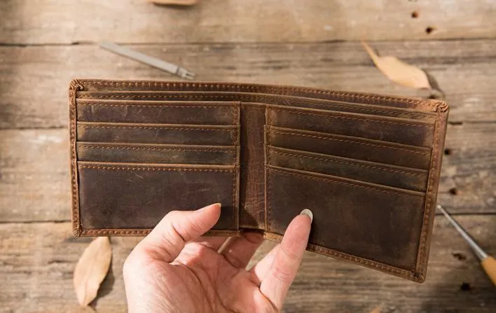 Cool Leather Mens Small Wallet Bifold Vintage Slim billfold Wallet for Men