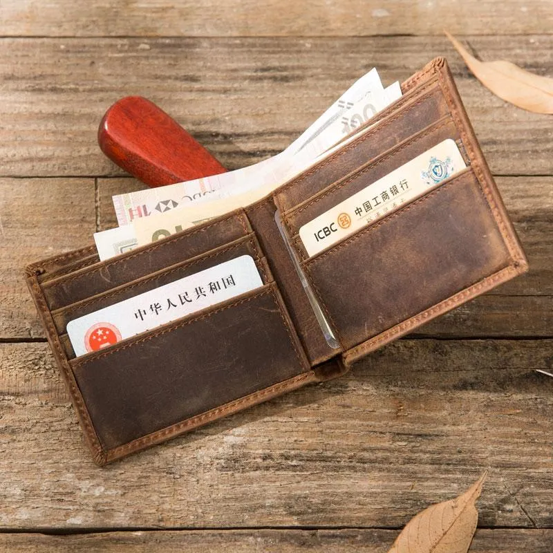 Cool Leather Mens Small Wallet Bifold Vintage Slim billfold Wallet for Men