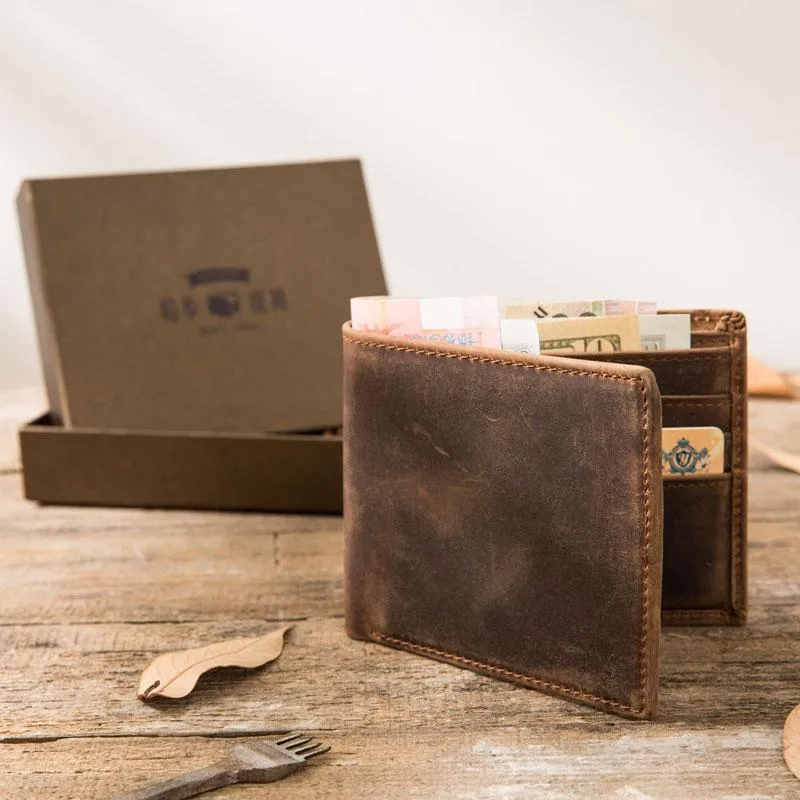 Cool Leather Mens Small Wallet Bifold Vintage Slim billfold Wallet for Men