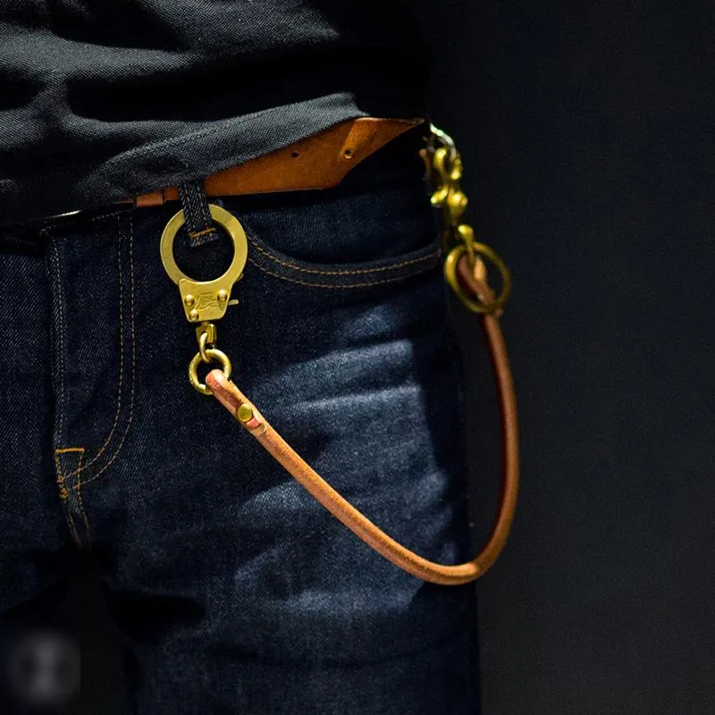 Cool Men's Leather Gold Brass Hook Key Chain Pants Chains Biker Wallet Chain For Men