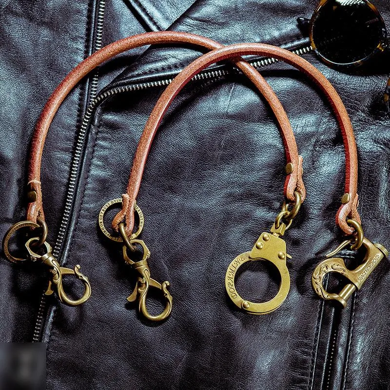 Cool Men's Leather Gold Brass Hook Key Chain Pants Chains Biker Wallet Chain For Men