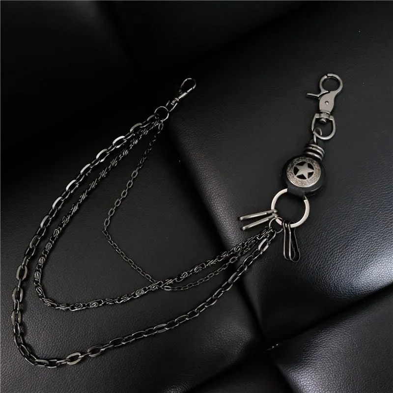 Cool Men's Silver Star Triple Pants Leather Head Chain Punk Wallet Chain For Men