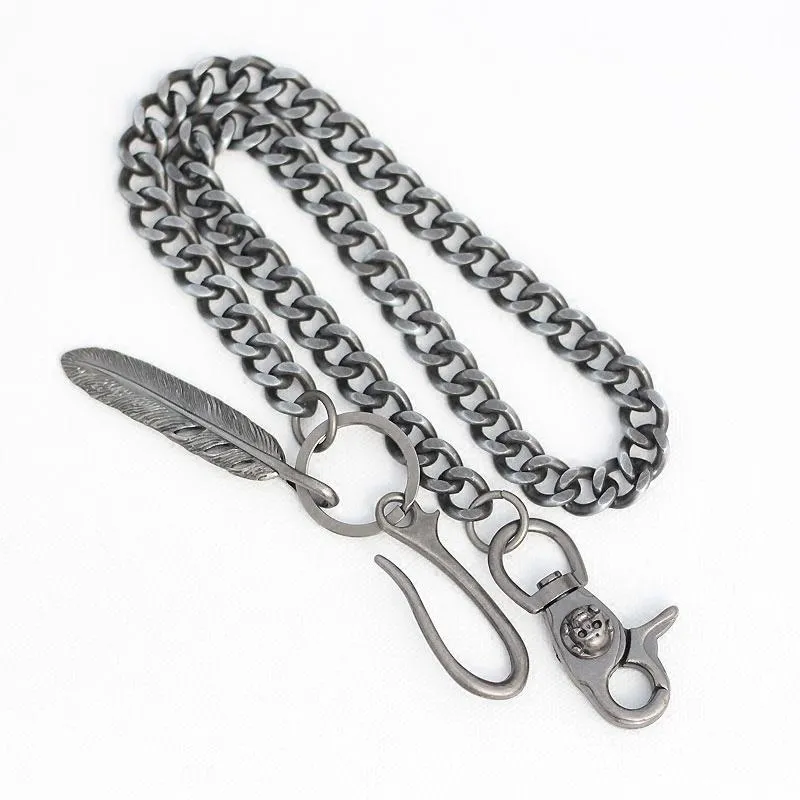 Cool Men's Skull Long Feather Pendant Hip Hop Stainless Steel Pants Chain Biker Wallet Chain For Men