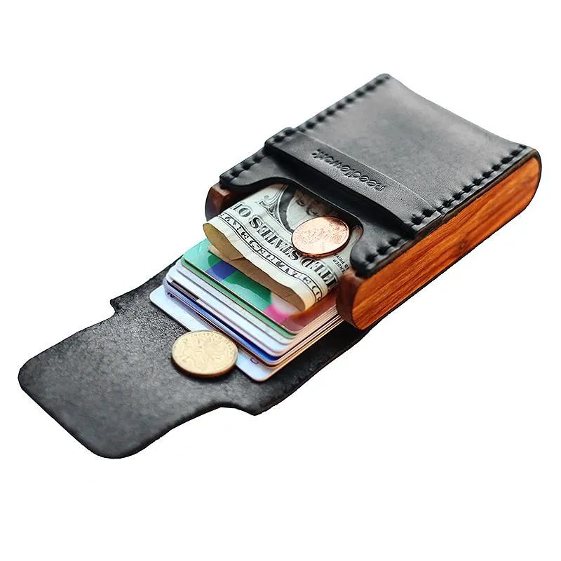 Cool Wooden Leather Mens Black Wallet Small Card Holder Black Coin Wallet for Men