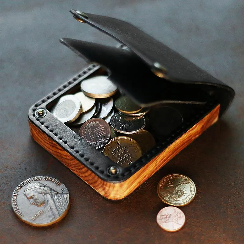 Cool Wooden Leather Mens Black Wallet Small Card Holder Black Coin Wallet for Men