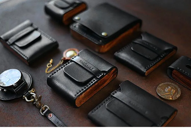 Cool Wooden Leather Mens Black Wallet Small Card Holder Black Coin Wallet for Men