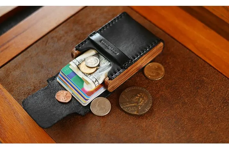 Cool Wooden Leather Mens Black Wallet Small Card Holder Black Coin Wallet for Men