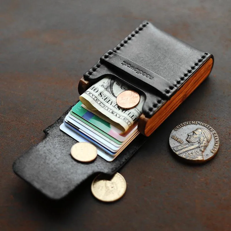 Cool Wooden Leather Mens Black Wallet Small Card Holder Black Coin Wallet for Men