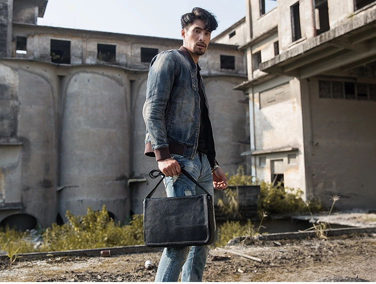 Cool Leather Black Mens Side Bag Messenger Bags Vintage Courier Bag for Men