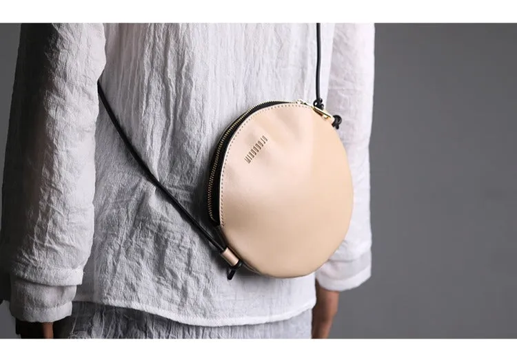 Cute Round LEATHER Slim Side Bag Brown WOMEN Circle SHOULDER BAG Small Crossbody Purse FOR WOMEN