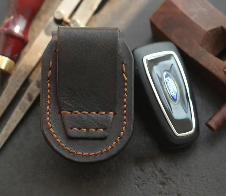 Dark Brown Handmade Genuine Leather Mens Car Key Case Car Key Holder For Men