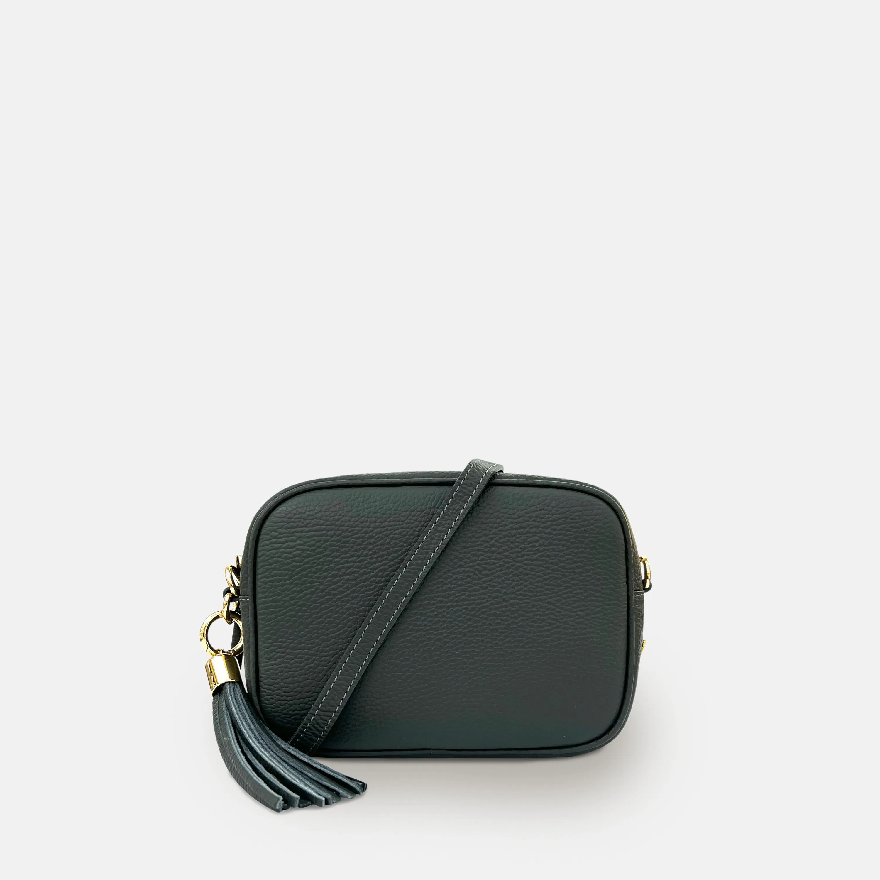 Dark Grey Leather Crossbody Bag With Gold Chain Strap