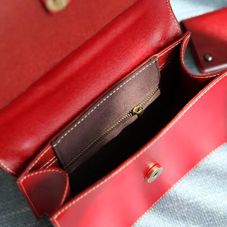 Fashion Womens Red Leather Flap Over Handbag Purse Handmade Square Crossbody Bag Shoulder Bag Purse