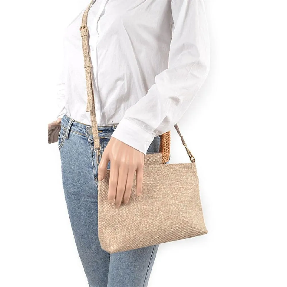 FASHNZFAB Bamboo Top Handle Linen Convertible Clutch Bag
