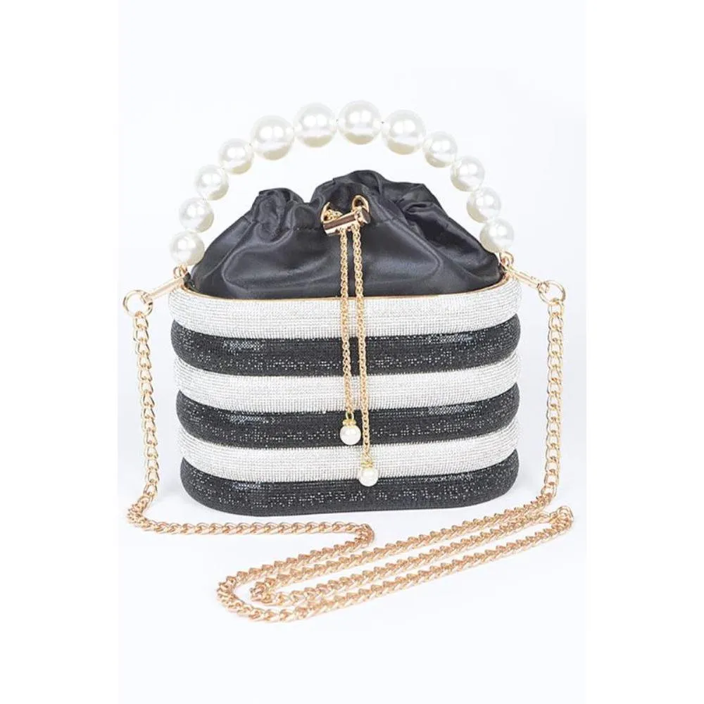 FASHNZFAB Pearl Handle Rhinestone Statement Bucket Clutch