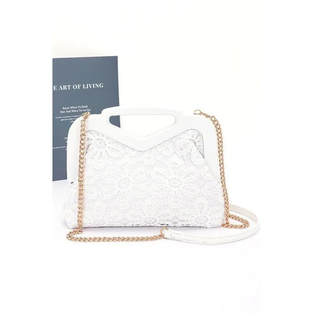 FASHNZFAB Wooden Frame Crochet Flower Top Handle Clutch