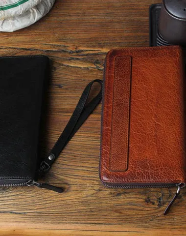Genuine Leather Mens Cool Long Leather Wallet Biker Wallet Zipper Clutch Wristlet Wallet for Men