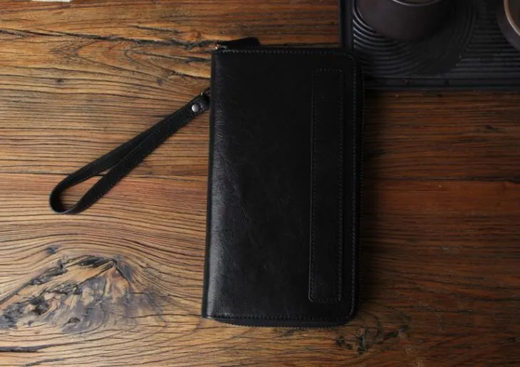 Genuine Leather Mens Cool Long Leather Wallet Biker Wallet Zipper Clutch Wristlet Wallet for Men