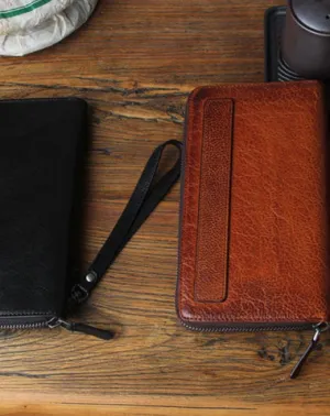 Genuine Leather Mens Cool Long Leather Wallet Biker Wallet Zipper Clutch Wristlet Wallet for Men