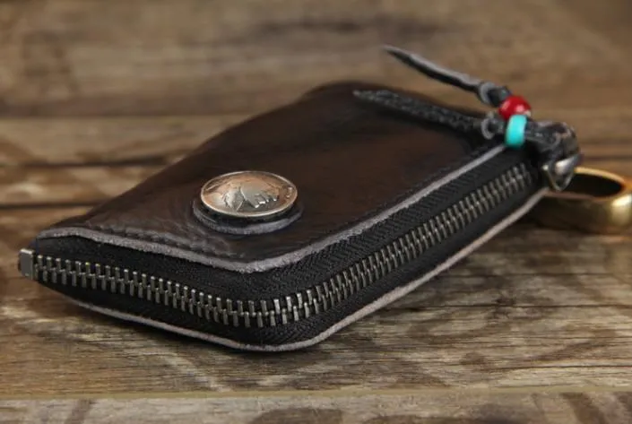 Handamde Genuine Leather Mens Cool Key Wallet Card Slim Wallet Key Holder Car Key Case for Men