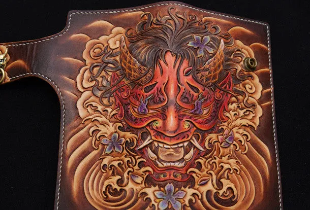 Handmade biker wallet coffee color carved prajna ghost leather long wallet for men
