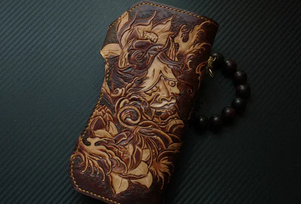 Handmade biker wallet vintage hand painting Acalanatha leather biker wallet for men