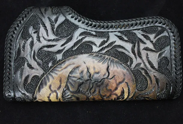 Handmade black leather punk Halley skull carved biker wallet Long wallet clutch for men