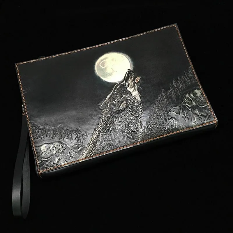 Handmade Black Tooled Double Carp Leather Messenger Bags Side Bag Clutch Wristlet Bag For Men