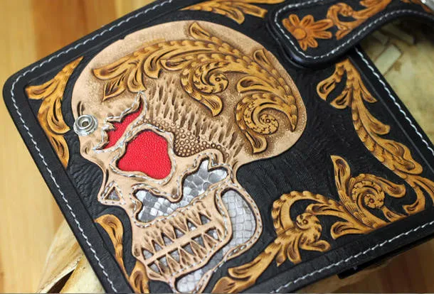 Handmade chain wallet biker wallet leather punk skull carved biker wallet chian Long wallet clutch for men