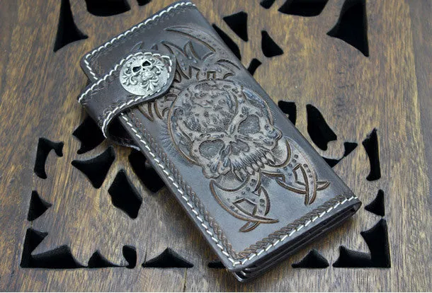 Handmade coffee leather punk Halley skull carved biker wallet Long wallet clutch for men