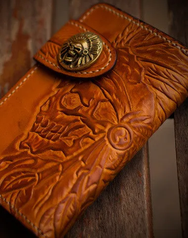 Handmade leather indian chief skull brown coffee carved biker wallet trucker billfold wallet for men