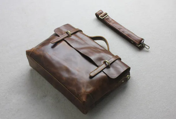 Handmade leather men Briefcase messenger dark coffee brown shoulder bag vintage bag