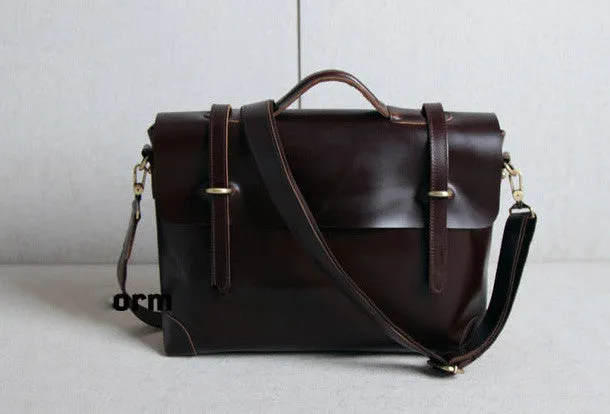 Handmade leather men Briefcase messenger dark coffee brown shoulder bag vintage bag