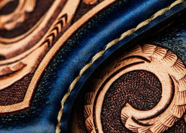 Handmade Leather Men Tooled Blue Floral Cool Leather Wallet Long Phone Clutch Wallets for Men