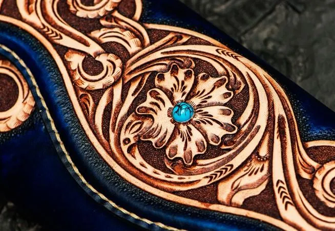 Handmade Leather Men Tooled Blue Floral Cool Leather Wallet Long Phone Clutch Wallets for Men