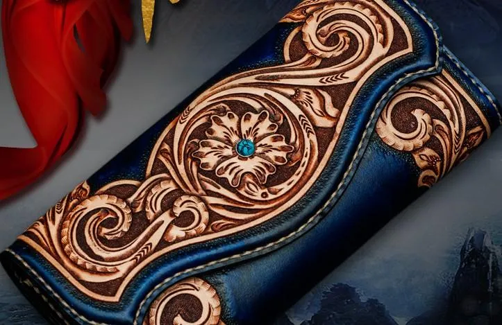 Handmade Leather Men Tooled Blue Floral Cool Leather Wallet Long Phone Clutch Wallets for Men
